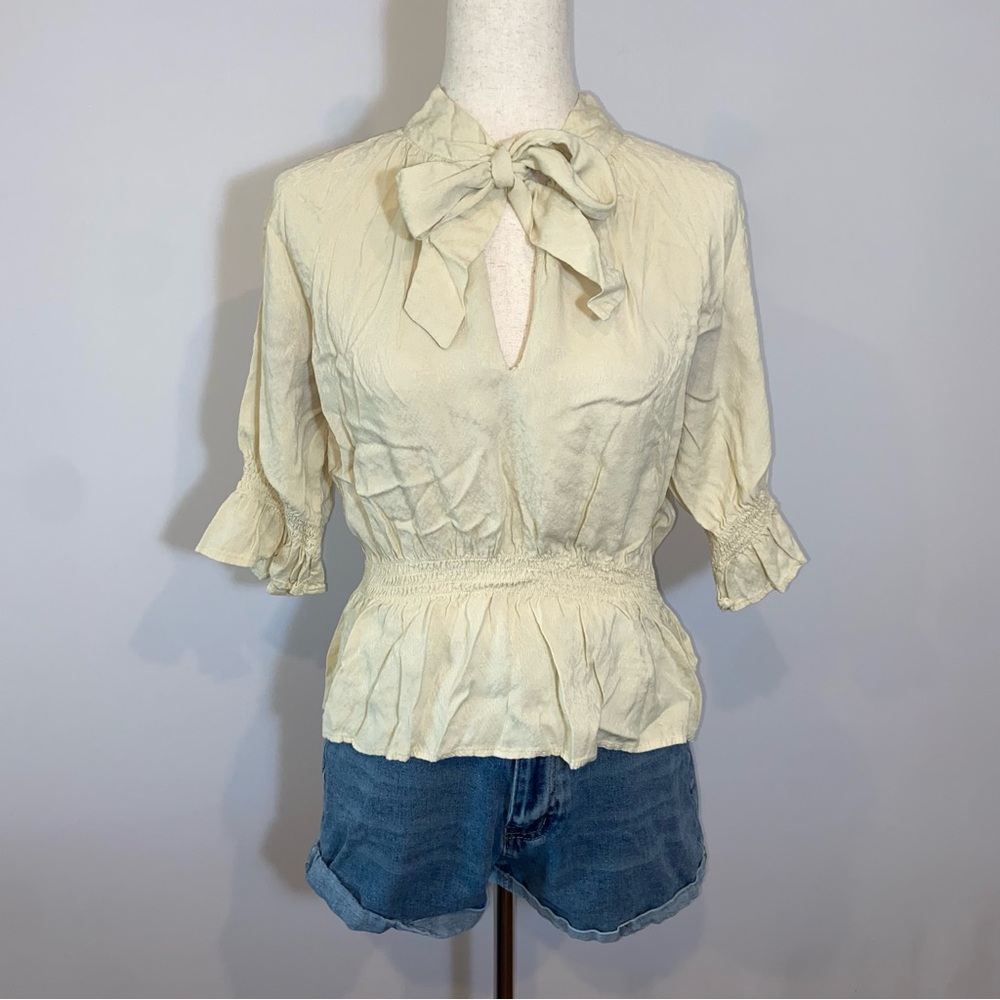 Zara beige tan 3/4 ruffled sleeve babydoll tie neck front v neck blouse Small